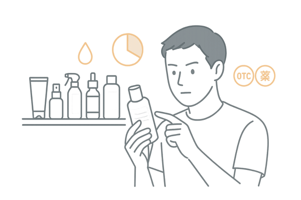 男性が育毛剤や発毛剤の成分表示と使用感を比較して選ぶシーン