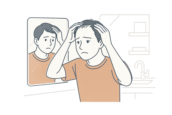 薄毛に悩む男性が増毛やカツラを検討する背景を示すイラスト