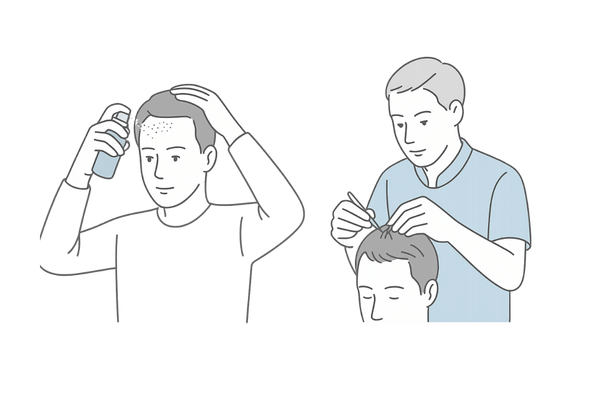男性向け増毛技術の種類（簡易式・サロン式）を比較するイラスト