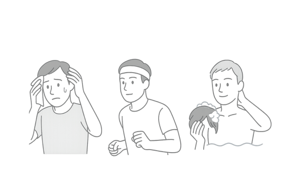 スポーツ・汗・生活習慣による増毛やカツラの注意点を示すイラスト