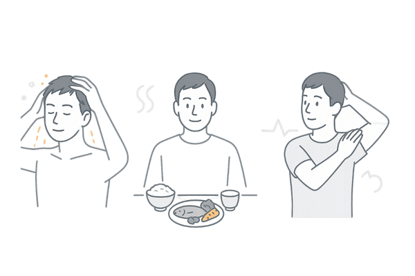 はげを予防する生活習慣とセルフケア（洗髪・食事・運動・頭皮マッサージ）のイメージ