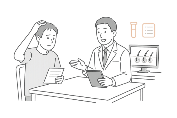 AGA専門クリニックでのカウンセリングと検査の流れを表す医師と患者のイメージ