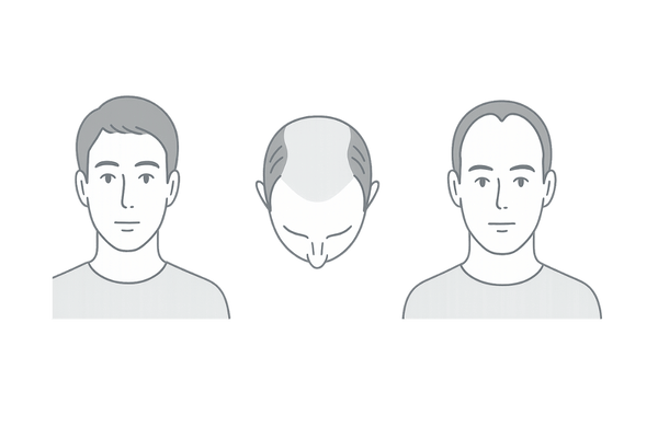 AGAの進行パターン（前頭部・頭頂部・M字型）を比較した男性イラスト