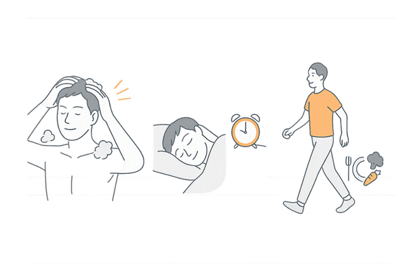 抜け毛対策としてのシャンプー・睡眠・生活習慣改善をまとめた男性向けイラスト