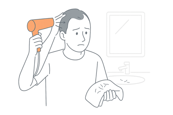 ドライヤーの熱を近づけすぎて抜け毛を心配する男性のイラスト