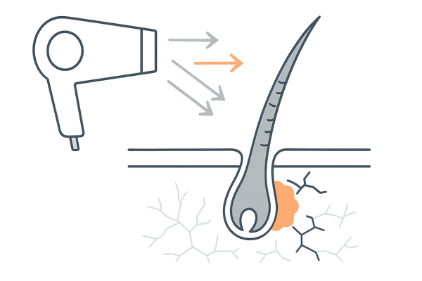 ドライヤーの熱で頭皮と髪がダメージを受ける仕組みのイラスト