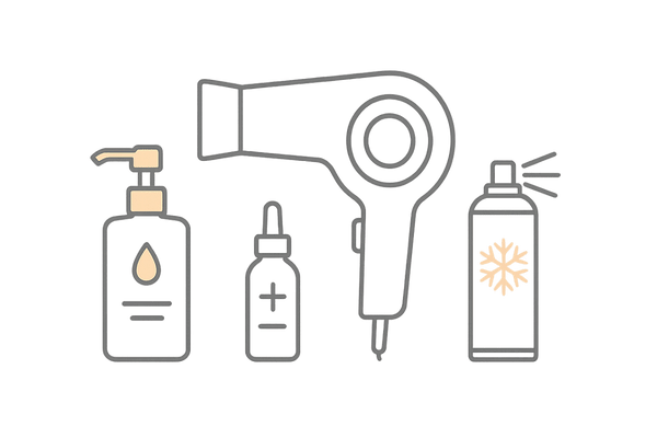 ドライヤー熱から頭皮を守るアイテムと通気性ブラシのイラスト