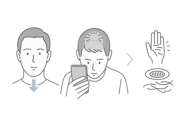 はげ初期症状セルフチェック（生え際・頭頂部・抜け毛）図解