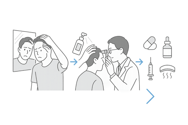 はげ初期の対処フロー（自宅ケアからクリニック治療へ）図解