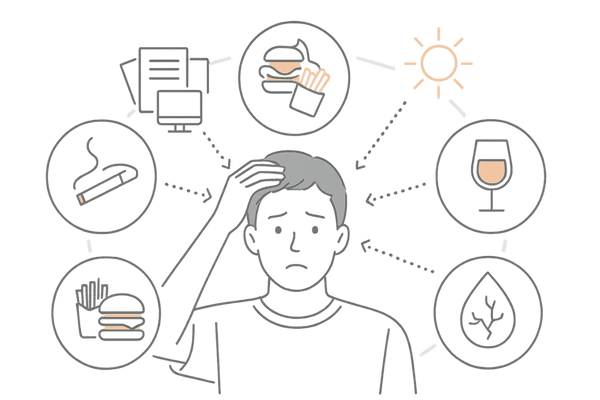 ストレス・生活習慣・紫外線など薄毛リスク要因をまとめた男性向けイラスト