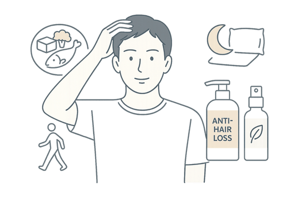 薄毛予防のための自宅ケアと生活習慣改善を行う男性のイメージイラスト