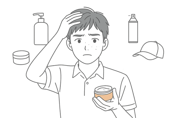 思春期の皮脂分泌と整髪料による頭皮トラブルをイメージした男子学生のイラスト
