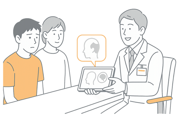 若年性脱毛症を心配する男子学生が保護者とAGA専門医に相談するイメージ