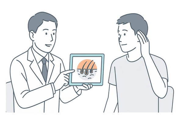AGAクリニックで頭皮状態を相談する男性のイラスト