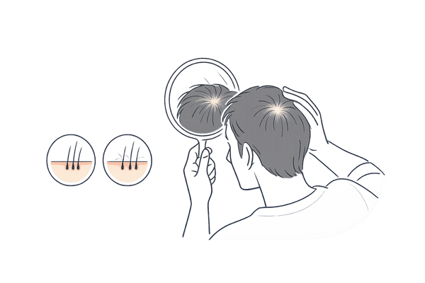 てっぺんの薄毛を鏡でチェックする男性のイラスト