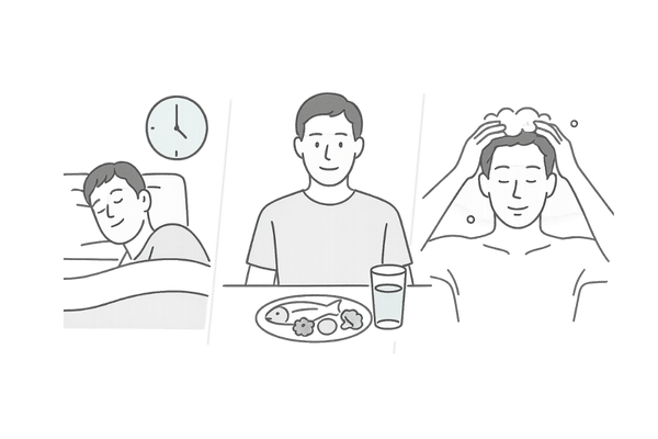 生活習慣改善と頭皮ケアで薄毛対策を行う男性のイラスト