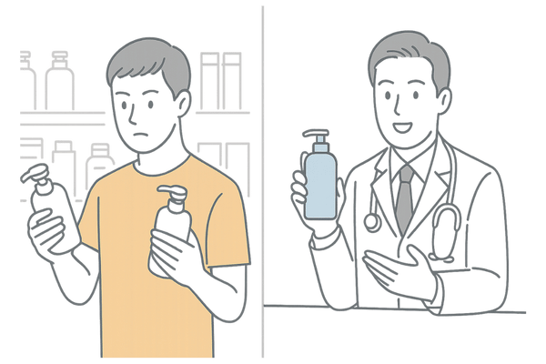 市販シャンプーと医療機関推奨シャンプーを選ぶ場面の比較イメージ