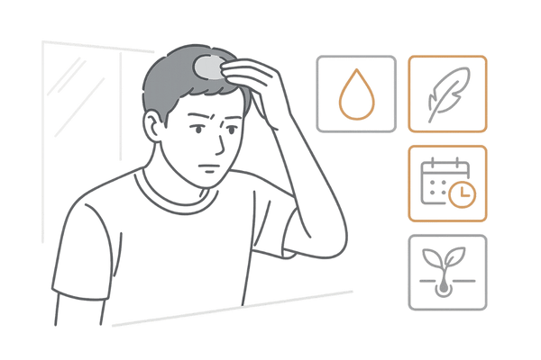 円形脱毛症の男性がシャンプー選びで頭皮環境をチェックするイラスト