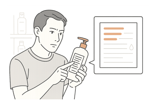 円形脱毛症向けシャンプーの成分表示を確認する男性のイラスト