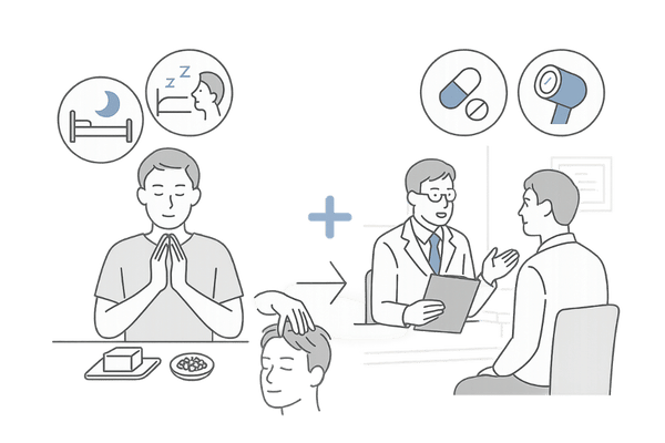 食事・生活習慣の改善とAGAクリニック治療を並行するイメージ