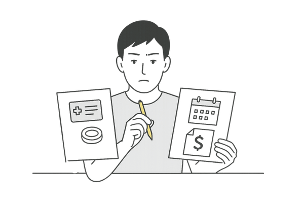 皮膚科とAGA専門クリニックの費用と通いやすさを比較する男性のイラスト