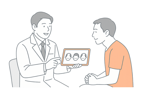 脱毛症の主な種類を医師が男性に説明しているイメージ(AGA・円形脱毛症・びまん性脱毛症)