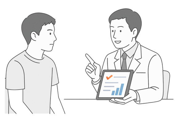 脱毛症治療薬の副作用について医師に相談しフォローを受ける男性