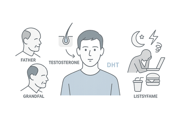 脱毛症の主な原因（遺伝・ホルモン・生活習慣・ストレス）を整理したイメージイラスト