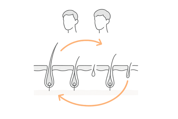 ヘアサイクルと髪の回復メカニズムを示す頭皮断面図イラスト（成長期・退行期・休止期）
