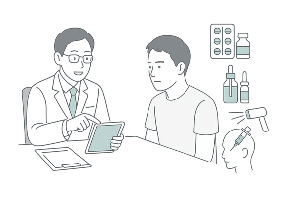 クリニックで相談しながら選ぶ脱毛症治療法（内服薬・外用薬・施術）のイメージイラスト