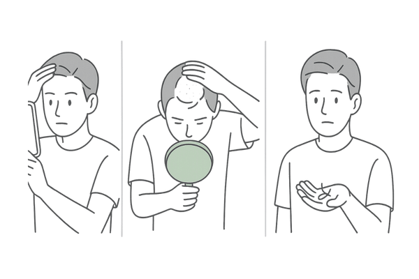 はげ始めの初期サインセルフチェック図（生え際・つむじ・抜け毛）