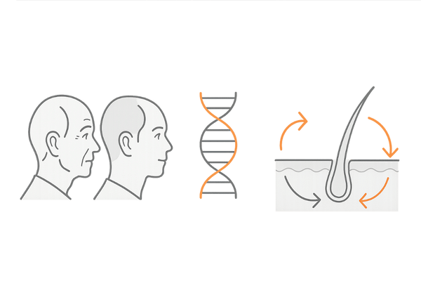 男性ホルモンと遺伝が髪の細さに影響するイメージ図