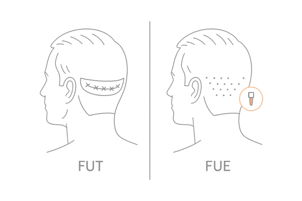 FUT法とFUE法の痛みの違い(採取方法と傷のイメージ比較)