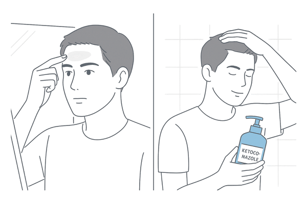 顔の脂漏性皮膚炎と頭皮ケアを同時に行う男性の統一ケアイメージ
