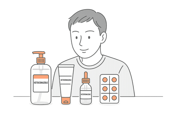 脂漏性皮膚炎治療に使われるケトコナゾールの剤形イメージ(シャンプー・クリーム・外用液・内服薬)