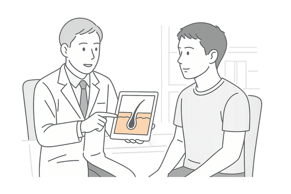 ケトコナゾールの副作用を抑えるため医師と相談し頭皮検査を受ける男性のイメージイラスト