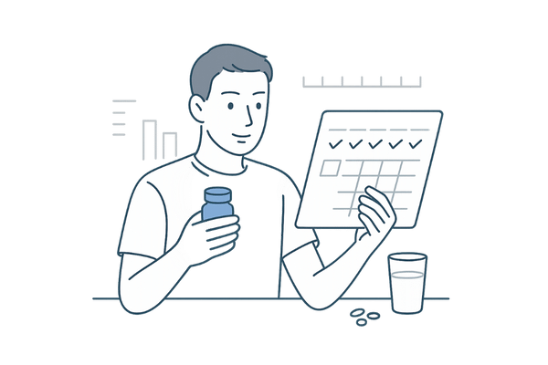 リジンの摂取量とサプリメント活用を確認する男性のイラスト