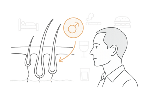 DHTや生活習慣・遺伝がM字はげの生え際に影響するイメージ図