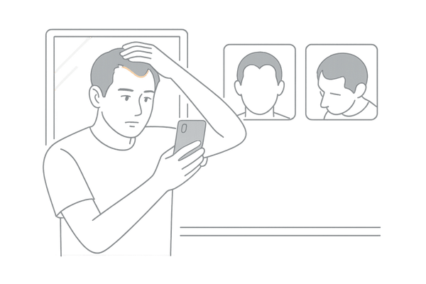 鏡とスマホ写真でM字はげの生え際をセルフチェックする男性のイメージ