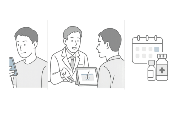 AGAクリニックで男性びまん性脱毛症の診断と治療を受ける流れのイラスト