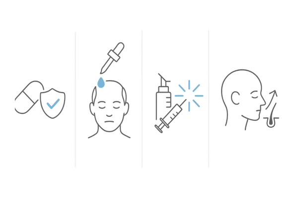 前髪薄毛の主な治療選択肢(内服・外用・注射・自毛植毛)