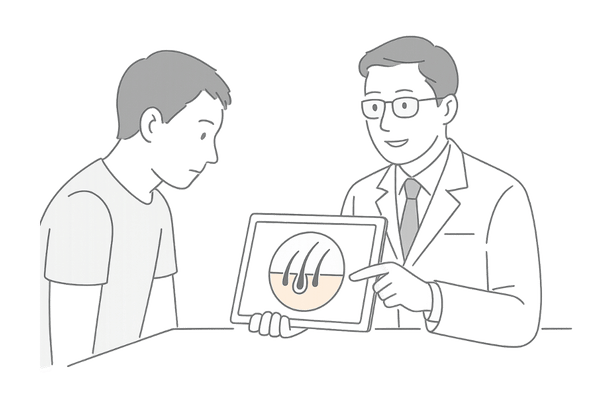 男性の薄毛を医療機関で確認する場面のイラスト