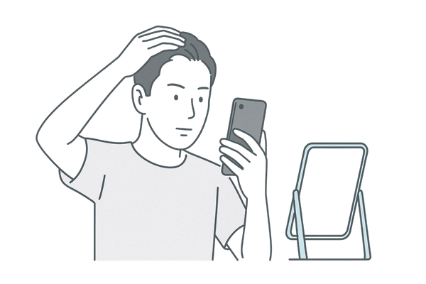 男性が鏡とスマホで薄毛の進行をセルフチェックしているイラスト