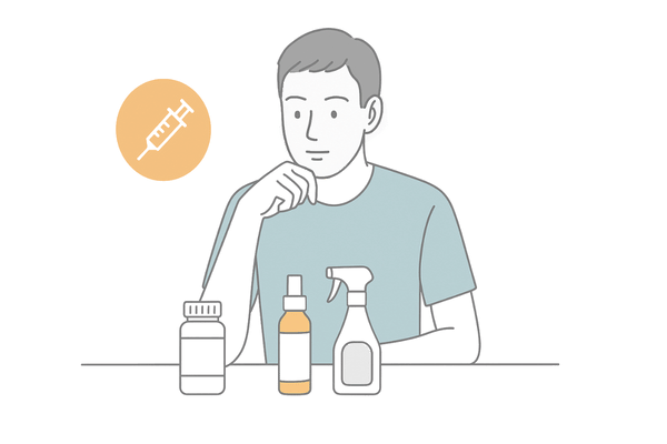 内服薬・外用薬・施術を比較して薄毛治療を選ぶ男性のイラスト