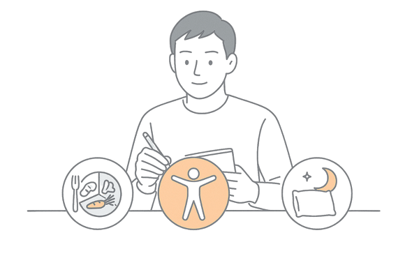 生活習慣とストレスケアで薄毛対策に取り組む男性のイラスト