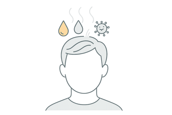 男性の頭皮臭の主因である皮脂酸化と汗・雑菌のイメージ図