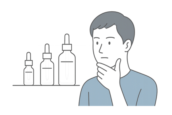 ミノキシジル15%と5%など濃度別ボトルを比較して選択に悩む男性のイラスト