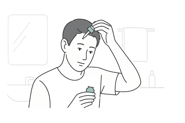 ミノキシジル15%外用薬を正しい手順で頭皮に塗布する男性のイラスト