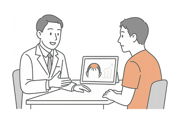 ミノキシジル15%の使用についてAGAクリニックで医師に相談する男性のイラスト