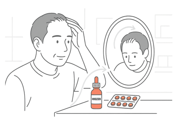 AGA治療でミノキシジルを使用する男性と外用薬・内服薬のイメージ